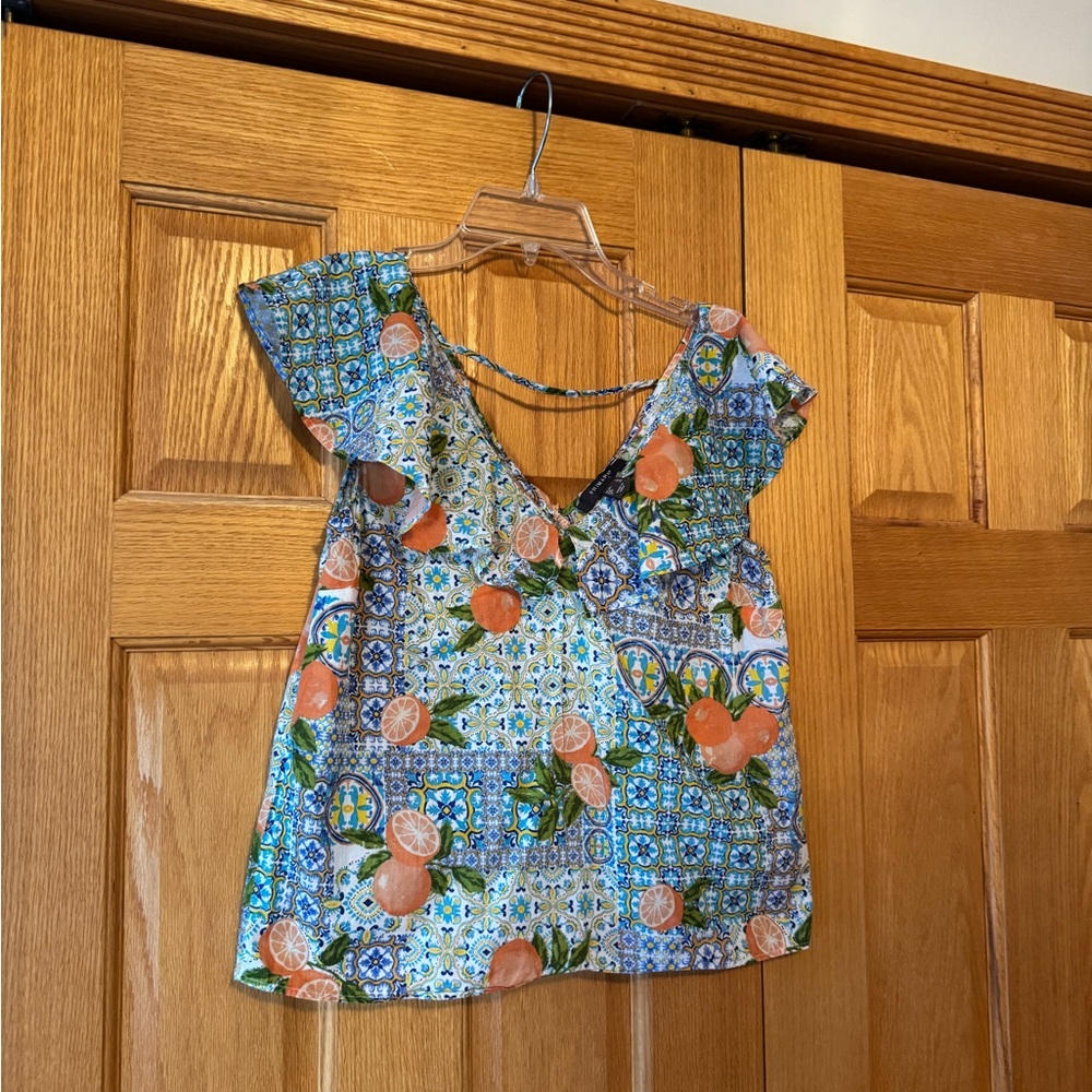 Primark Blue and Orange Clementine Patterned Top